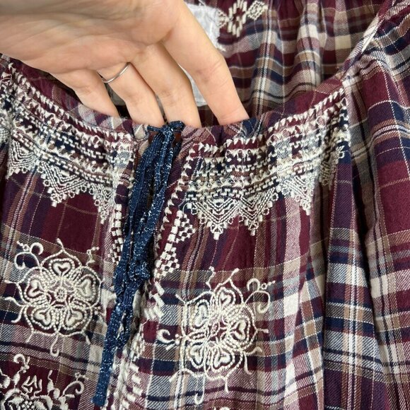 Johnny Was 3J Workshop Burgundy Plaid Embroidered Peasant Blouse - Picture 4 of 5